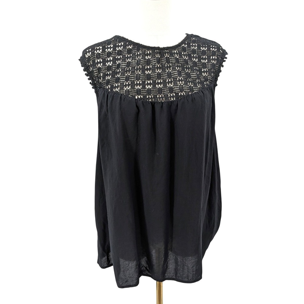 Boho Crochet Yoke Peasant Top Black Lightweight Rayon Old Navy L - Picture 1 of 10